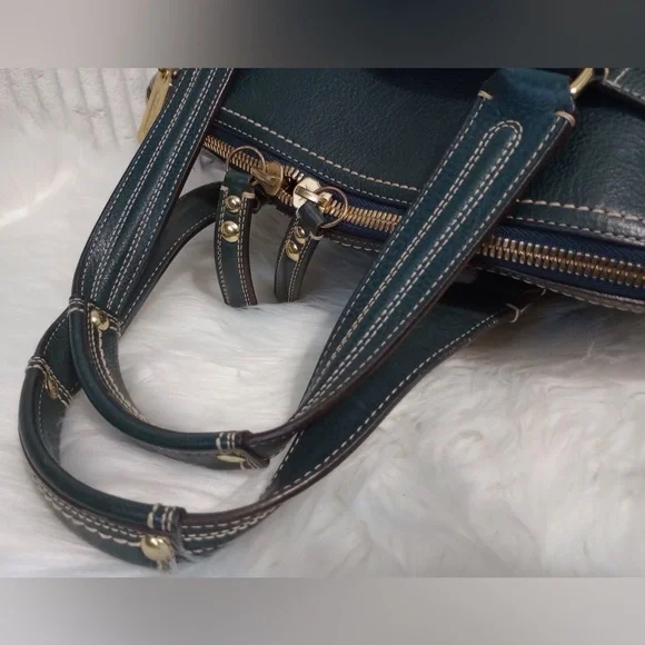Coach Hamptons Blue Leather Satchel with Gold Accents